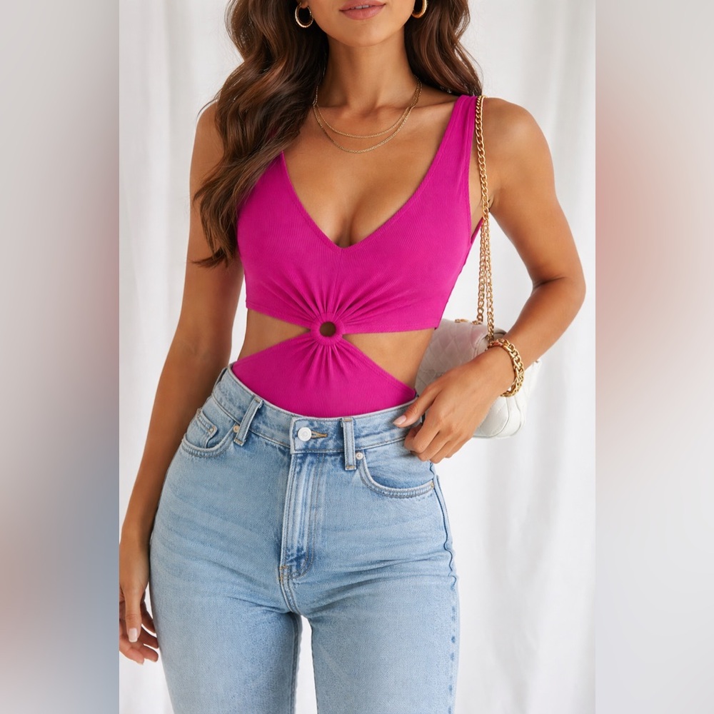 Magenta Ribbed Cutout Ring Bodysuit